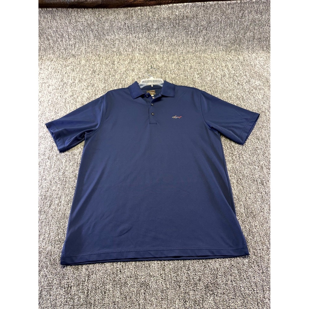 Greg Norman Play Dry Polo Shirt Men Medium Navy Blue Shark Logo Golf Performance